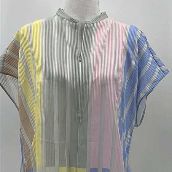 Akris Half Zip Multicolor Pastel Stripe Sheer Cotton Blouse - Size 10 (US) - Picture 4 of 9